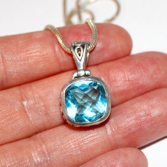 Sterling Silver Snake Chain Blue Glass Necklace - Picture 6 of 6
